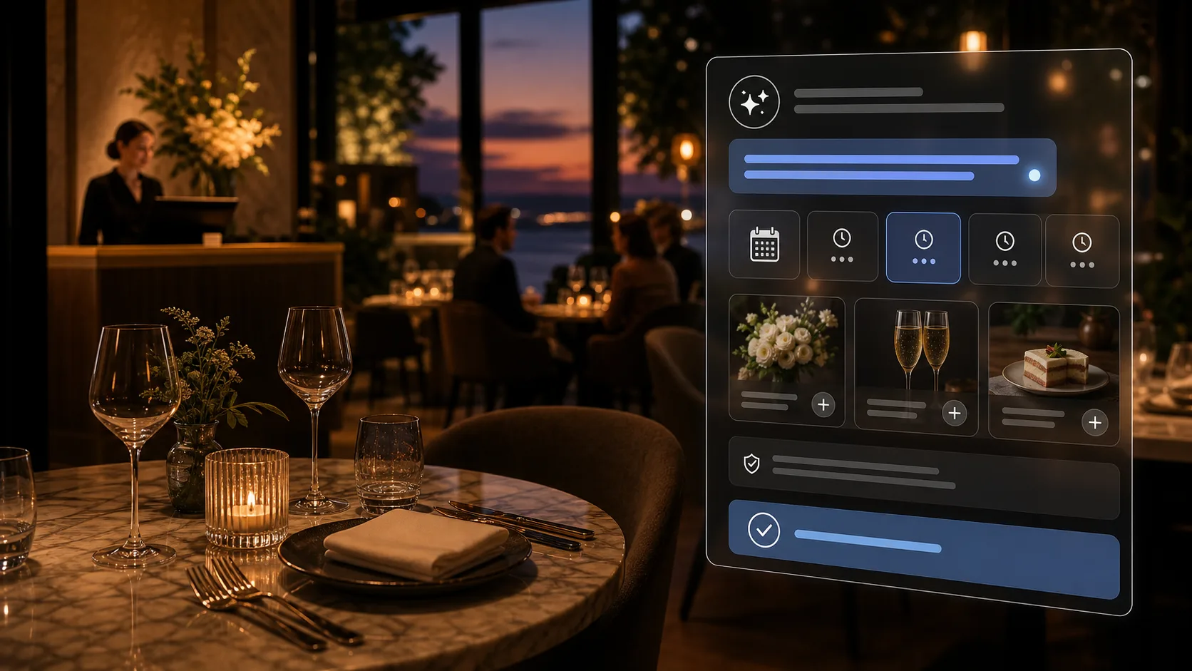 AI restaurant booking assistant interface over a premium dining room