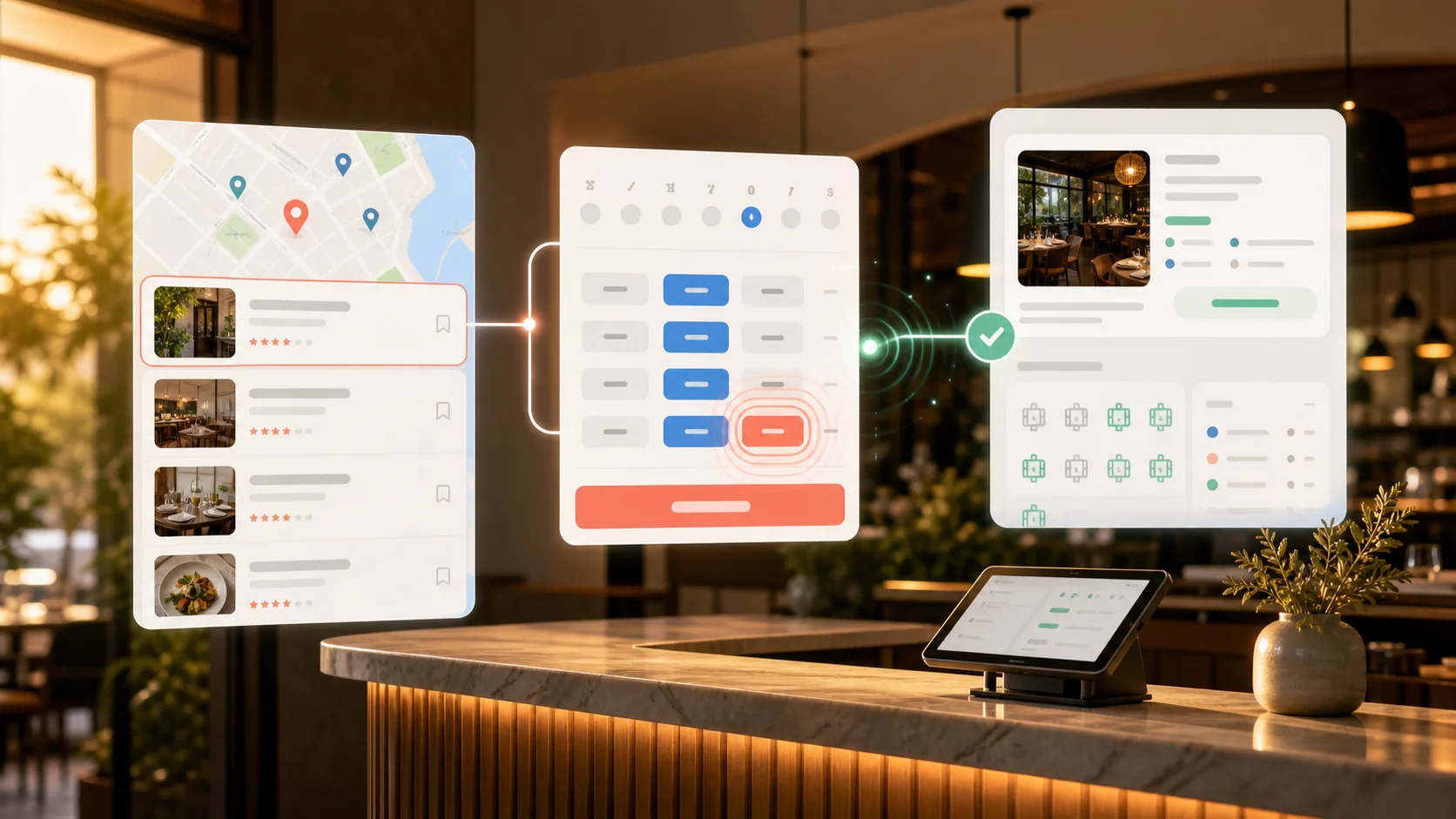 Reserve with Google restaurant booking flow from map discovery to live availability