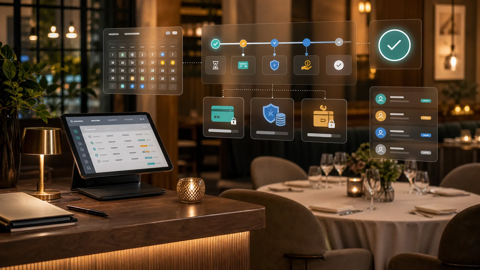 Restaurant reservation policy timeline with card hold, deposit, and prepaid booking controls