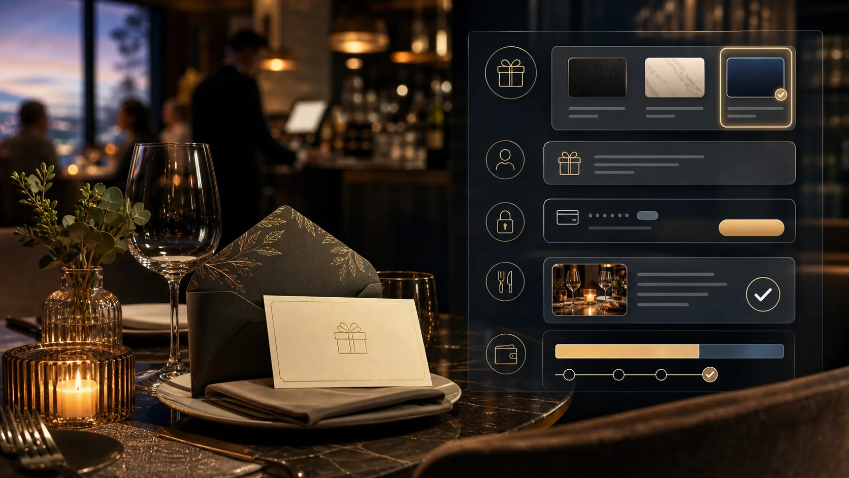 Restaurant gift card and booking redemption interface in a premium dining room