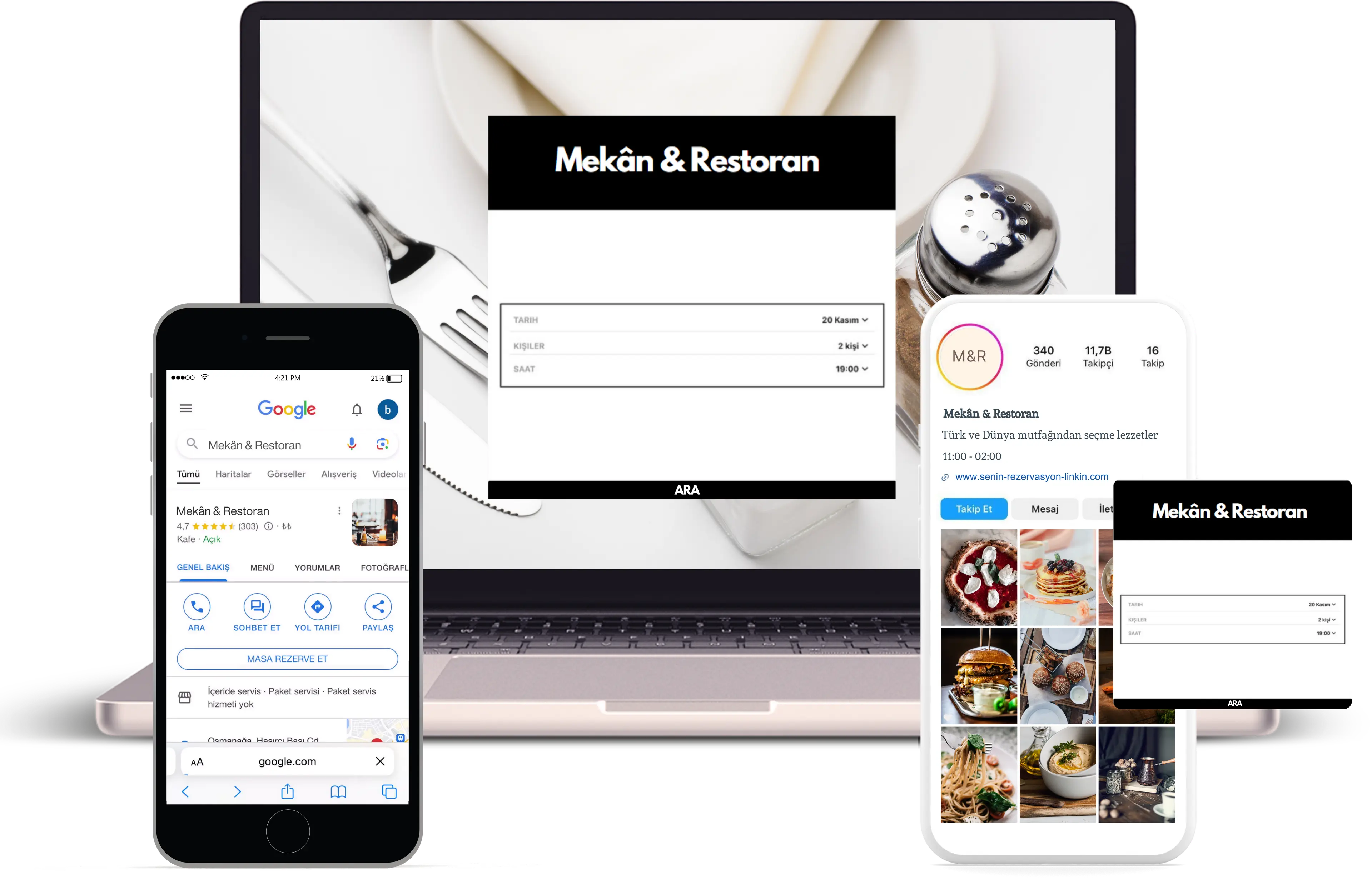 Sosyal medya, Google ve web sitesi gibi farklı kaynaklardan gelen rezervasyonların tek bir platformda yönetildiğini gösteren bir rezervasyon yönetim ekranı.
