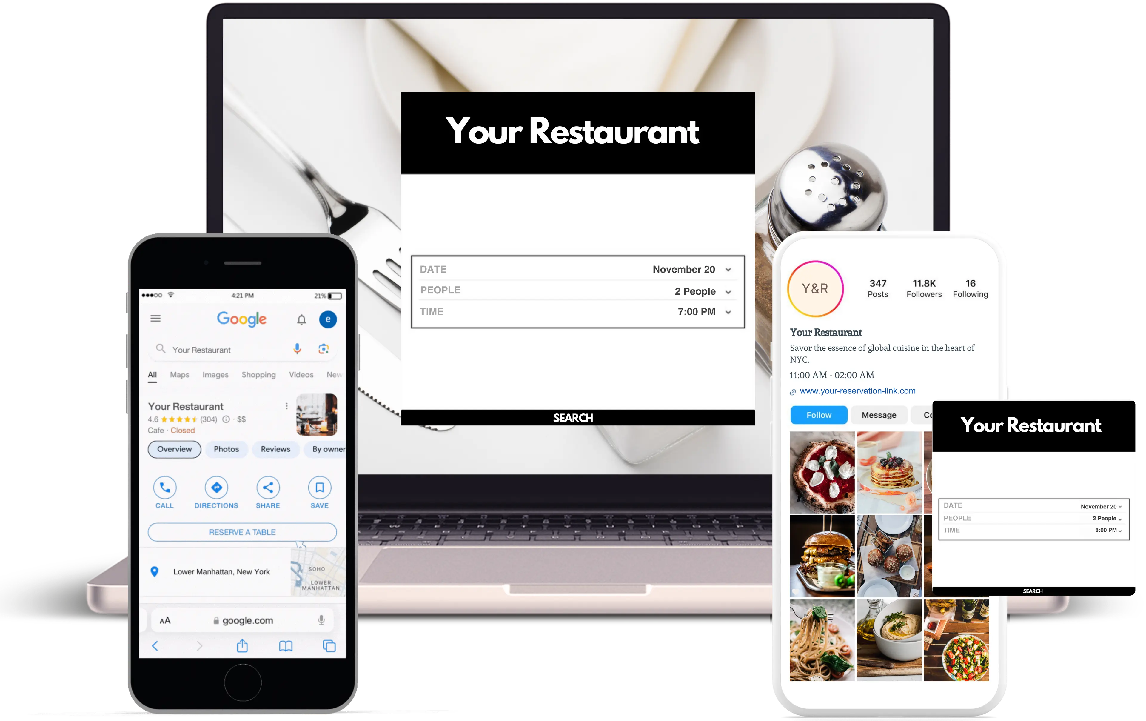 A reservation management platform displaying bookings from multiple sources, including social media, Google, and a website, all managed in one place.