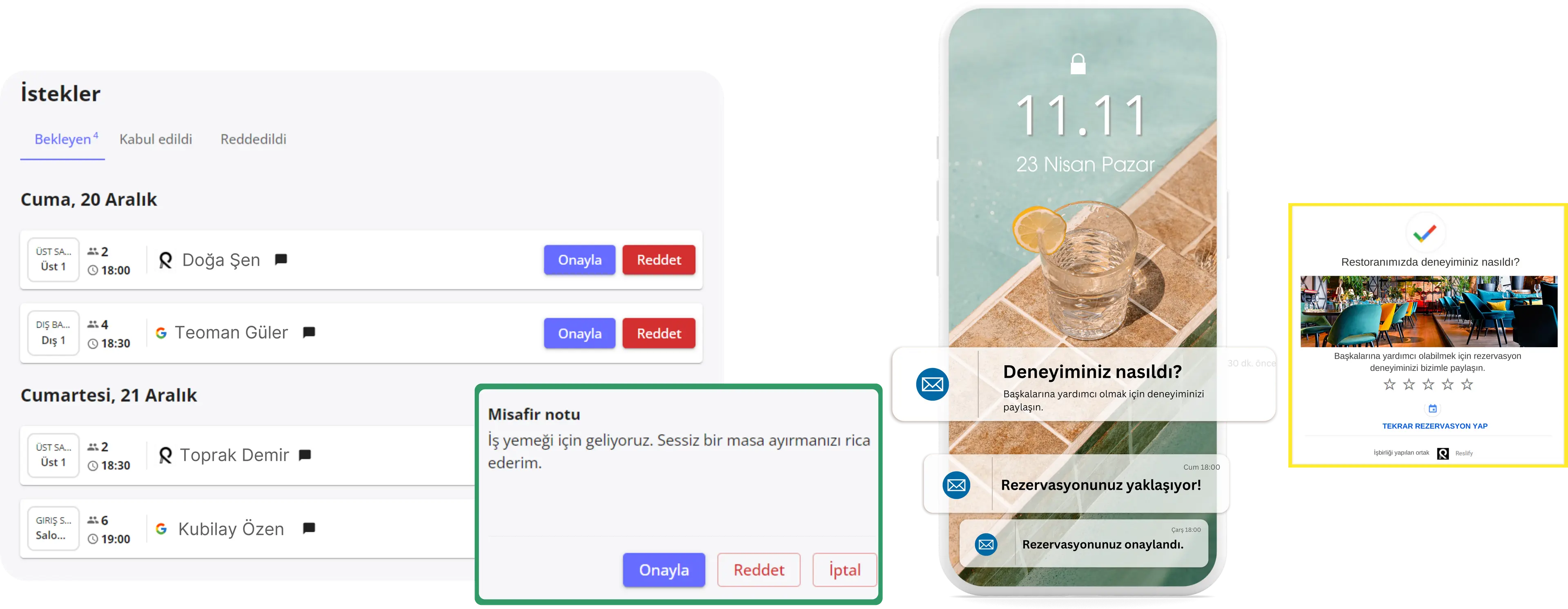 Bir restoranda ödeme yapan mutlu müşterileri ve mobil cihazda gösterilen restoran rezervasyon formunu içeren bir görsel.