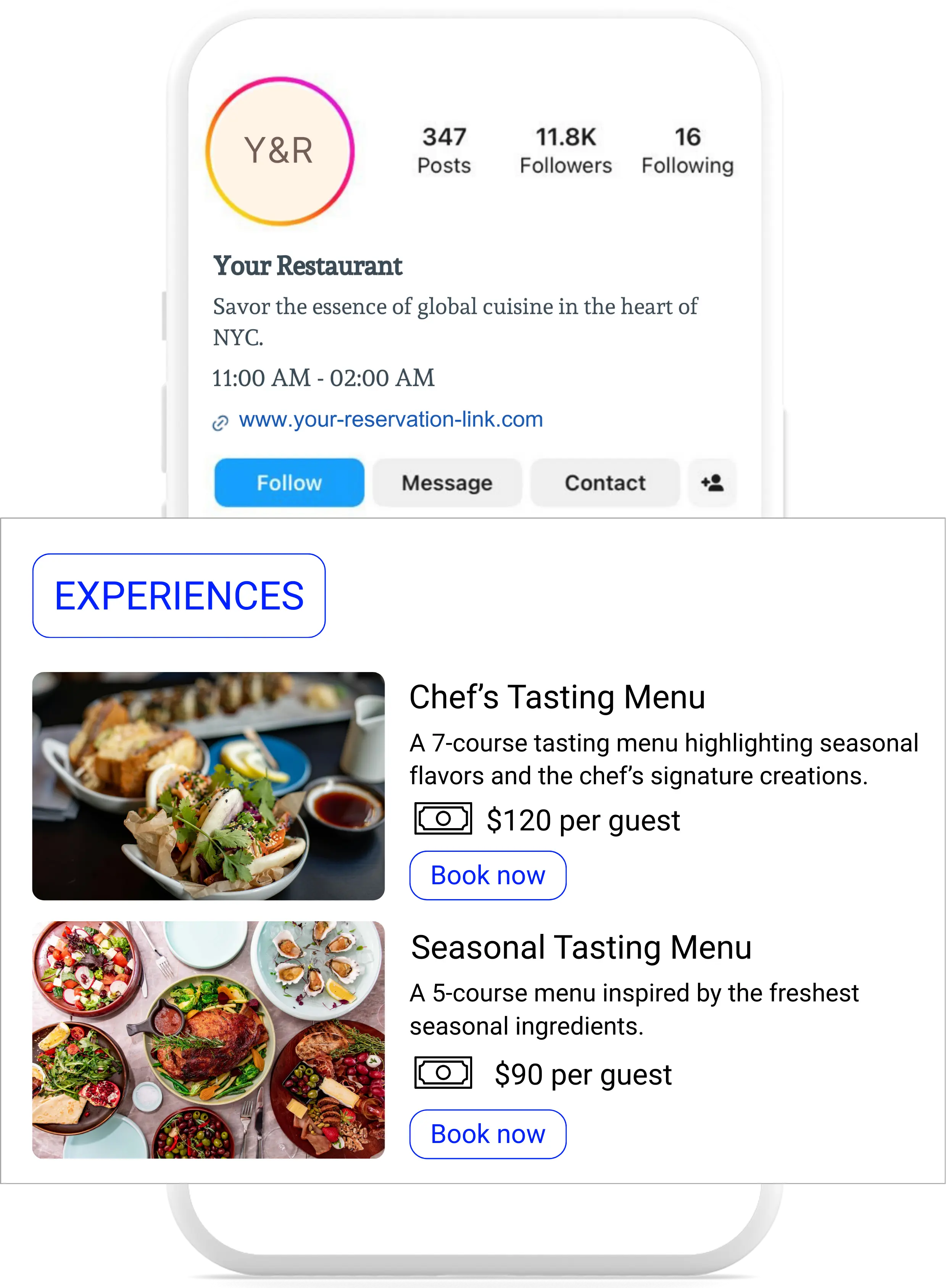 A restaurant’s social media profile displaying Reslify booking widget integration, allowing users to make reservations directly from the profile