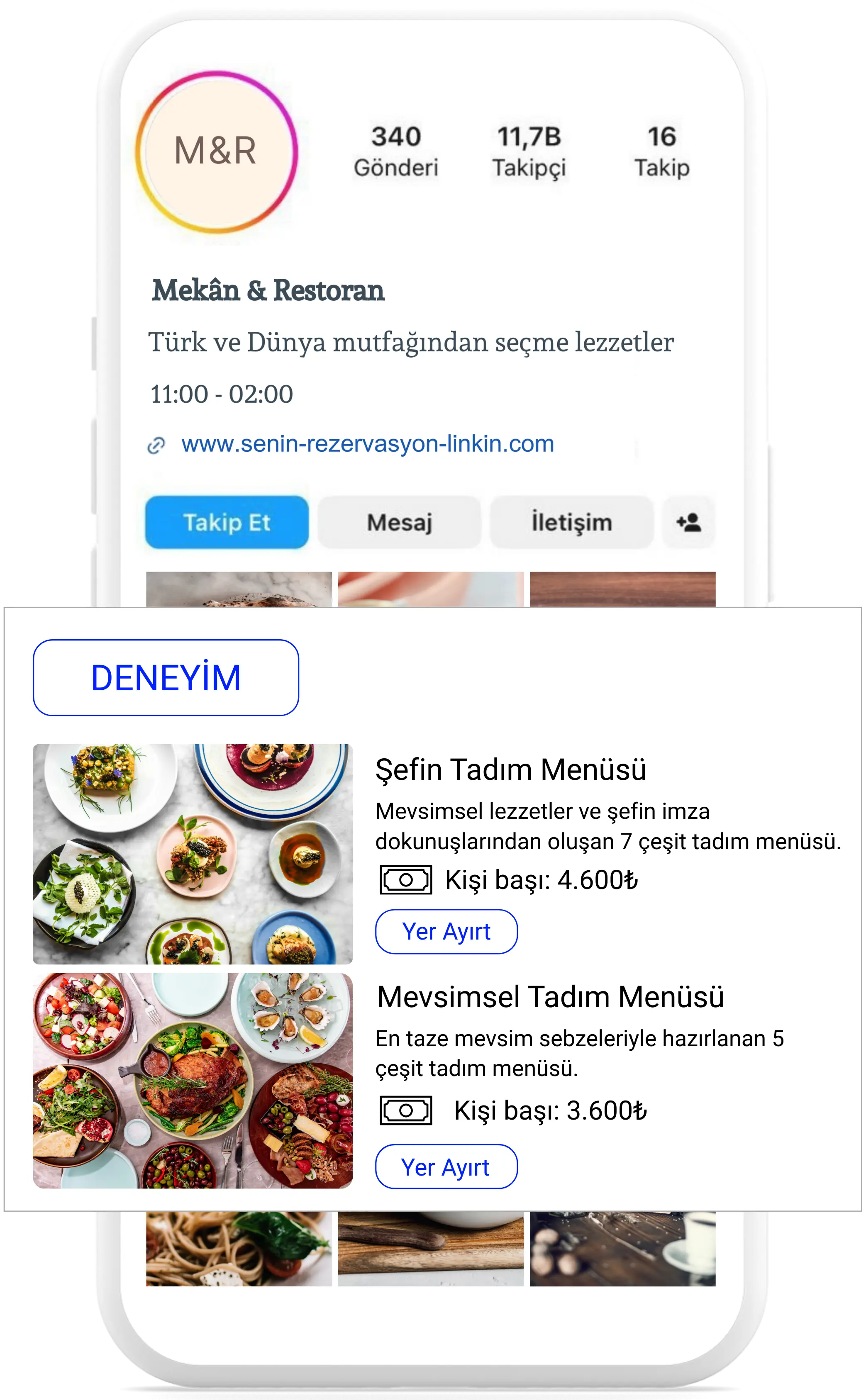 Bir restoranın sosyal medya profilinde, kullanıcıların doğrudan profil üzerinden rezervasyon yapmasını sağlayan Reslify rezervasyon widget’ı entegrasyonu gösteriliyor