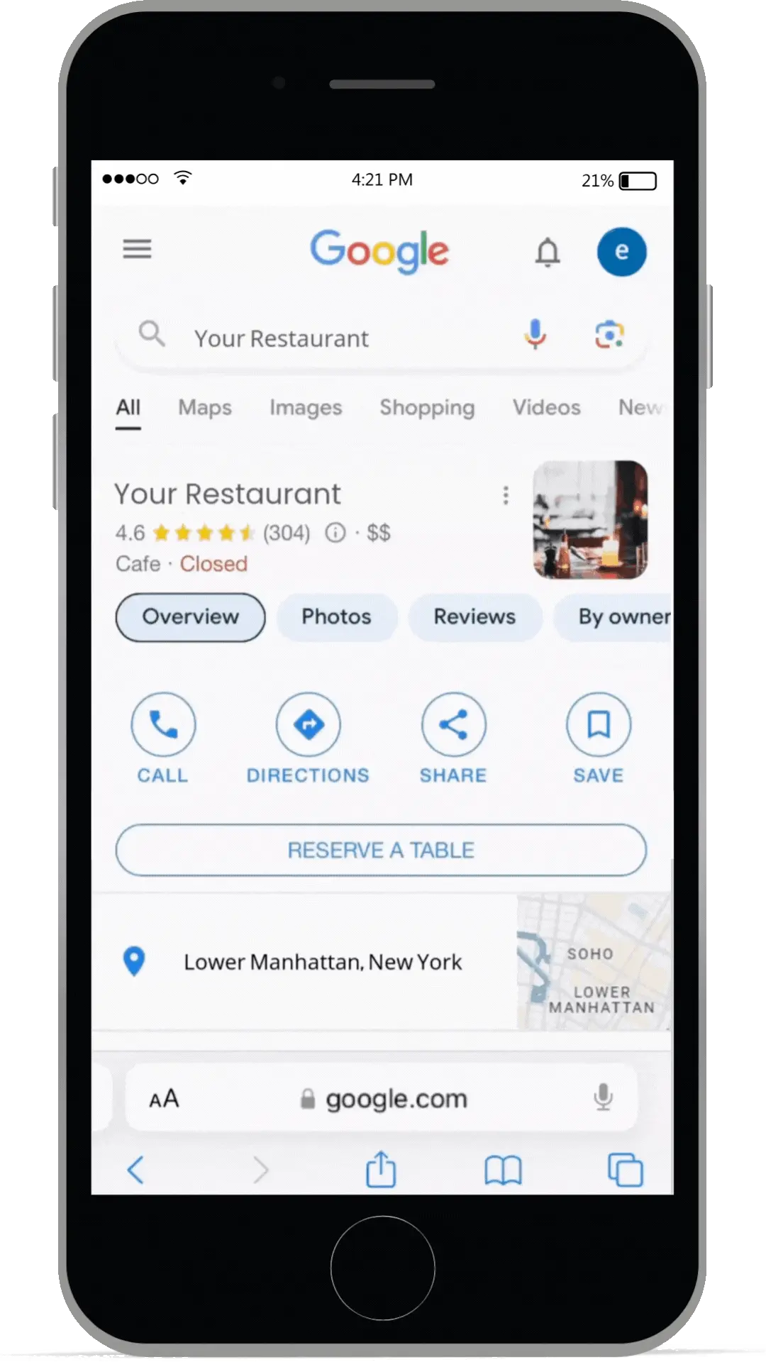 GIF showing a user reserving a table through Google Reserve on a mobile phone