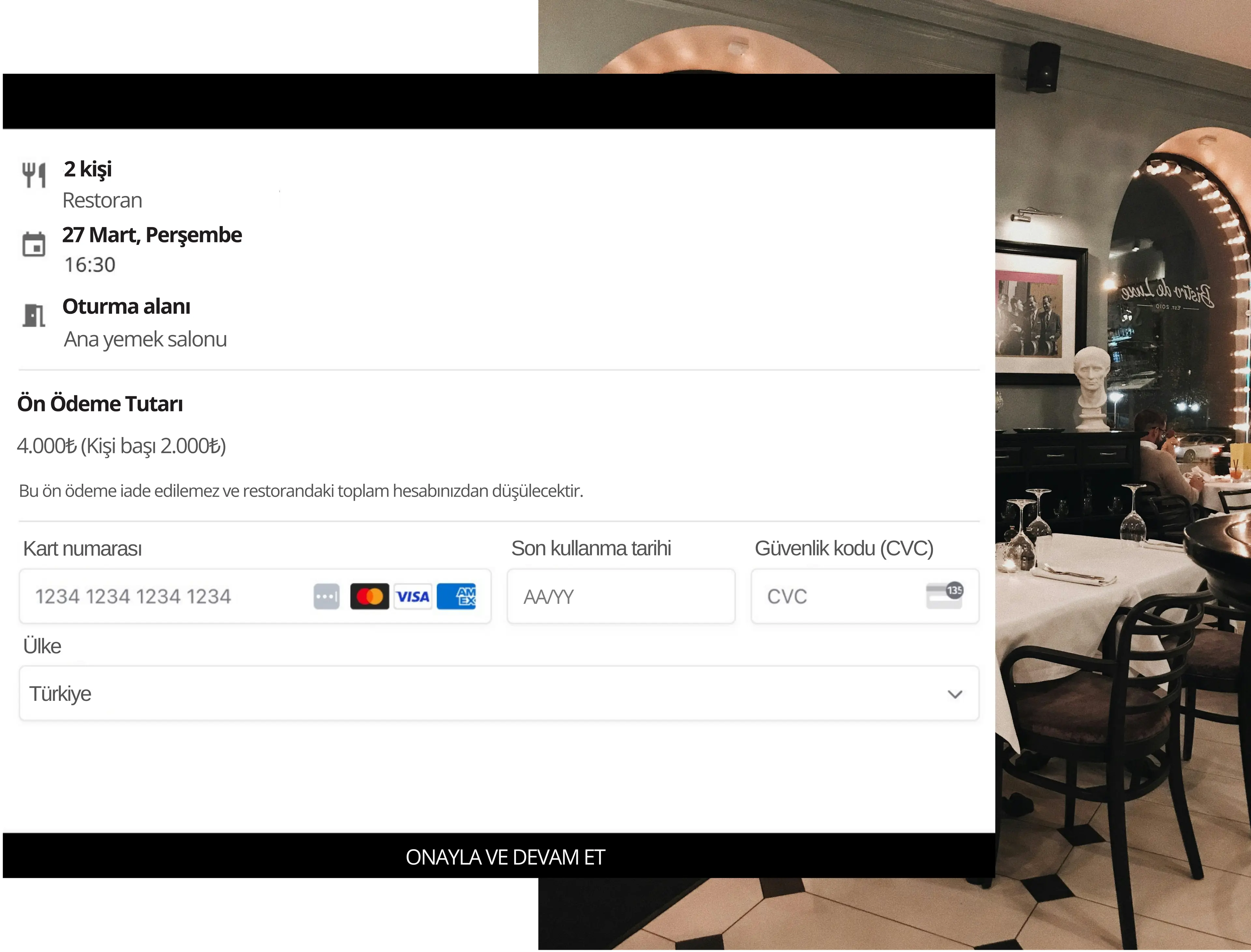 Bir restoranın sosyal medya profilinde, kullanıcıların doğrudan profil üzerinden rezervasyon yapmasını sağlayan Reslify rezervasyon widget’ı entegrasyonu gösteriliyor