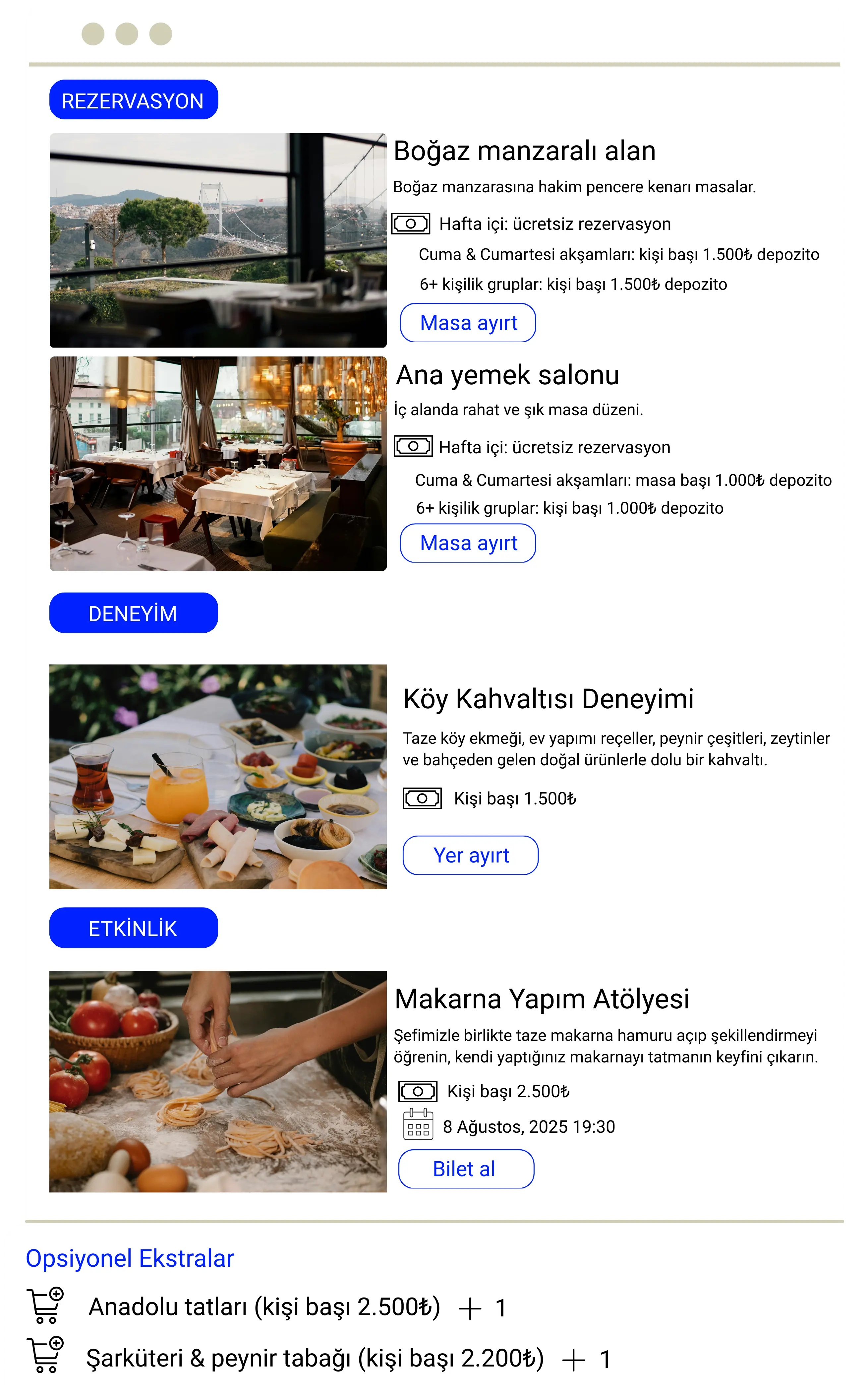 Bir restoranın sosyal medya profilinde, kullanıcıların doğrudan profil üzerinden rezervasyon yapmasını sağlayan Reslify rezervasyon widget’ı entegrasyonu gösteriliyor