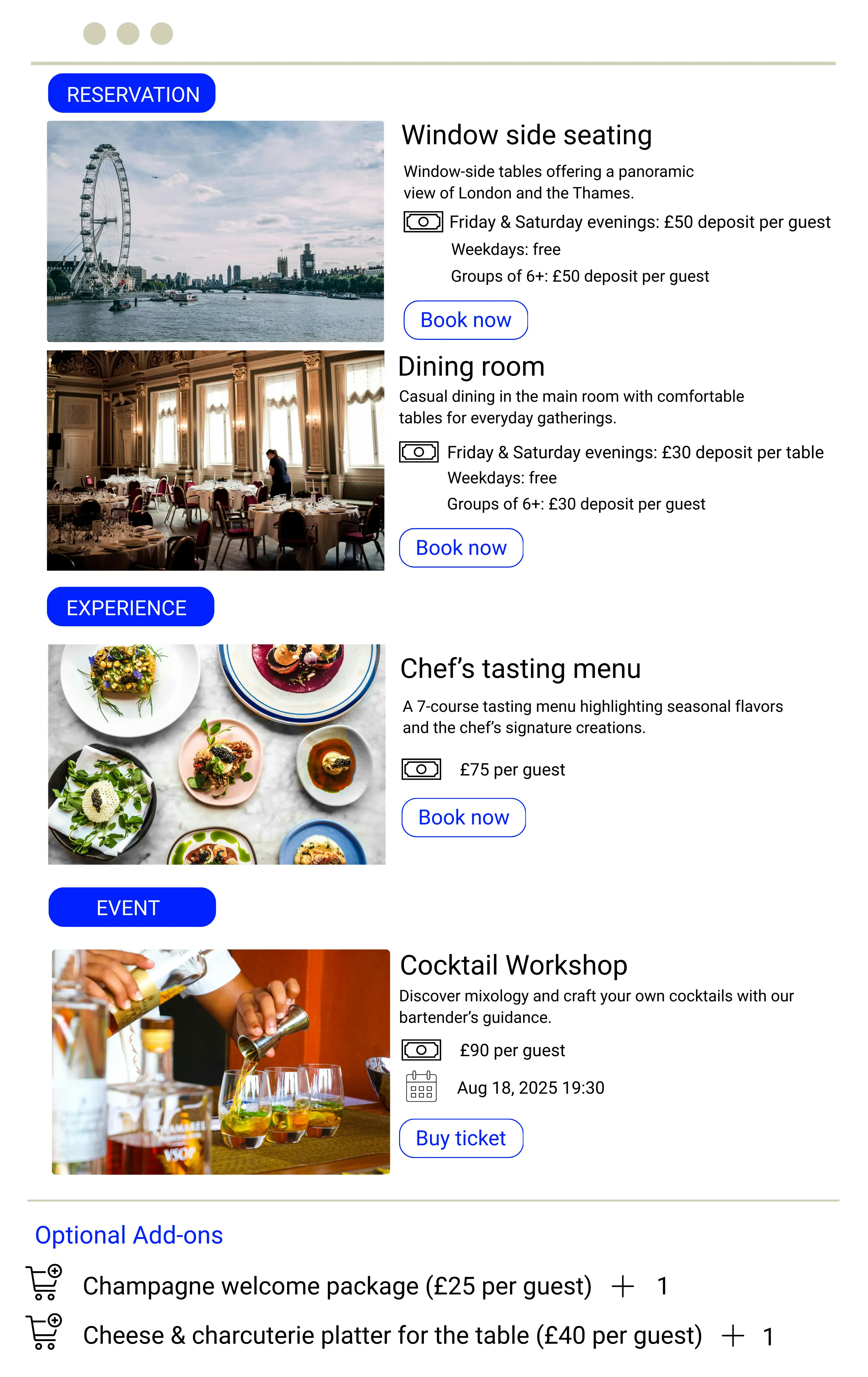 A restaurant’s social media profile displaying Reslify booking widget integration, allowing users to make reservations directly from the profile